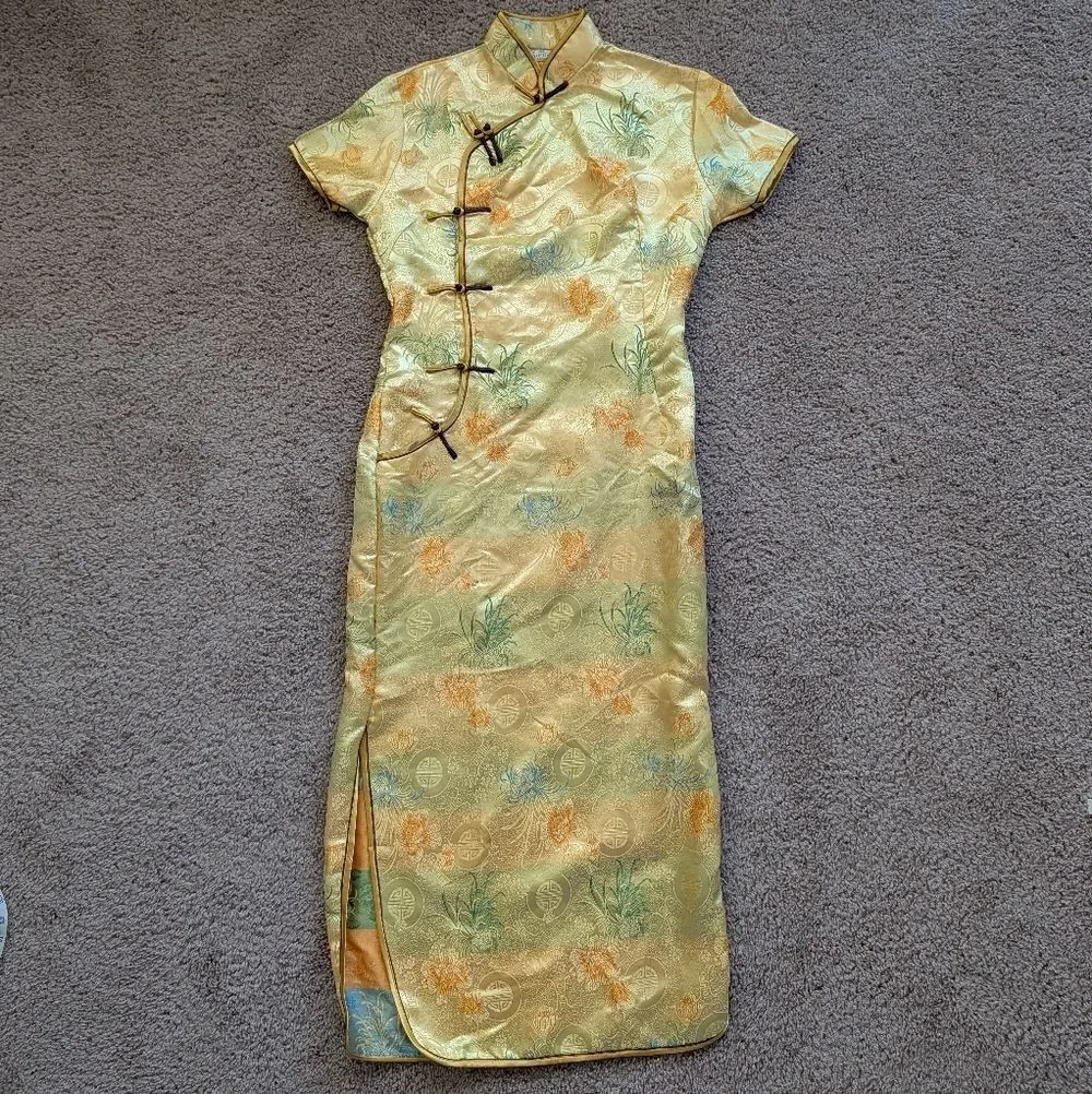 Visifushi XXXL Womens Gold Yellow Floral Chinese Cheongsam Maxi Dress Size 44